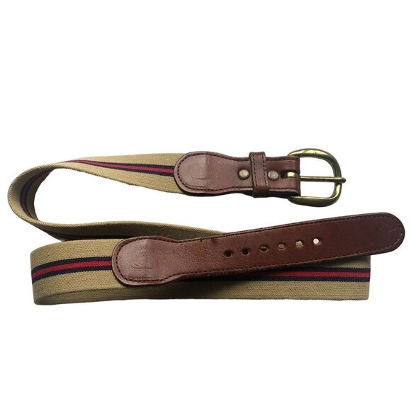 Vintage Accessories - VINTAGE Preppy Belt Web Stripes Brass Leather Beige Blue Red 33 34 35 inch Mediu